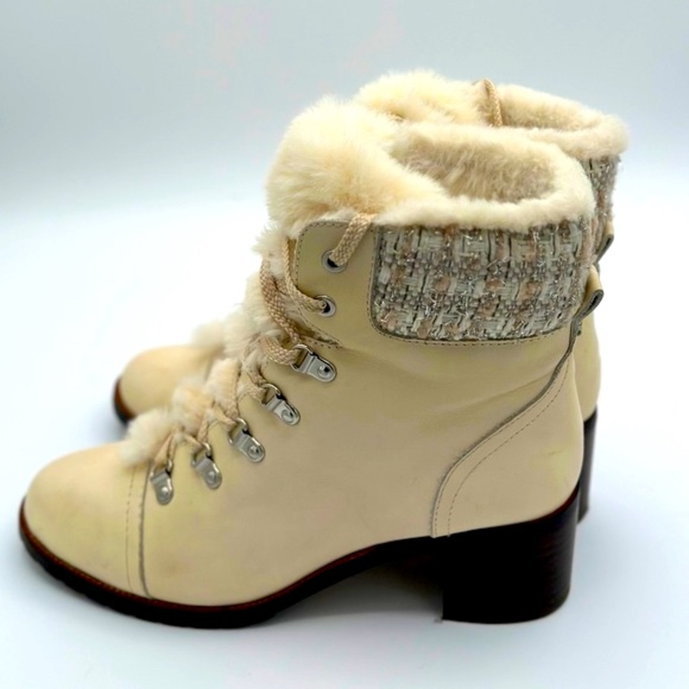 Sam Edelman Ivory Leather Faux Fur Manchester Lace Up Boots Block Heel Size 8